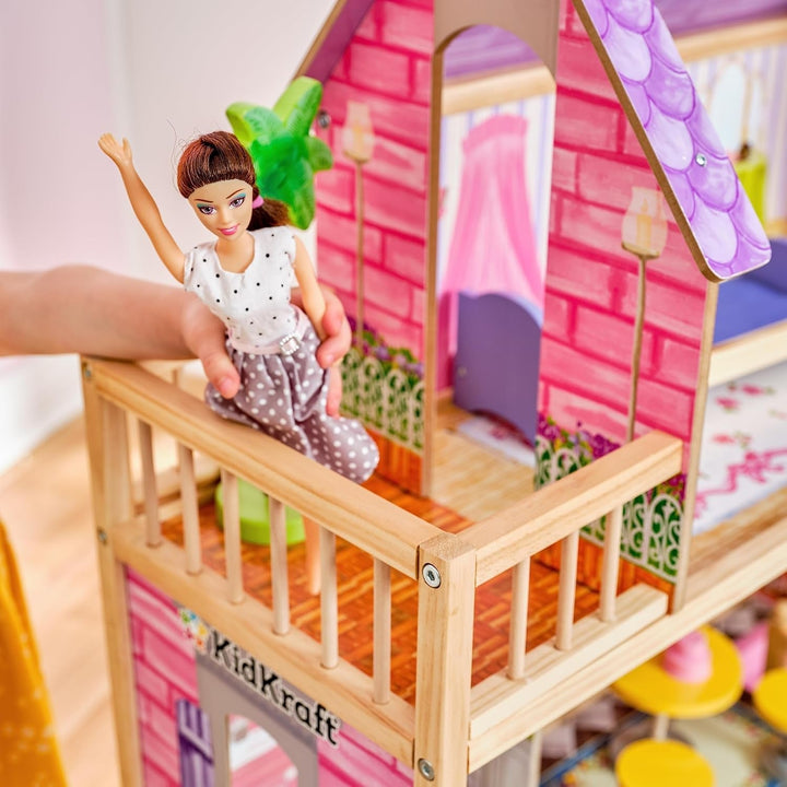 Casa de păpuși din lemn Kidkraft Kayla cu mobilier și accesorii, set de joacă cu 3 niveluri de joc pentru păpuși de 30 cm, jucărie pentru copii de la 3 ani, 65092 - Exclusiv pe Amazon Casute de papusi Naty Shop