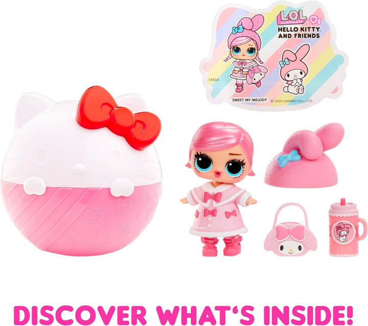 L.O.L. Surpriză! Loves Hello Kitty and Friends - 1 păpușă cu 7 surprize, Selecție aleatorie, 8 tots de colecționat, Cadou pentru copii cu vârsta peste 4 ani, Roz