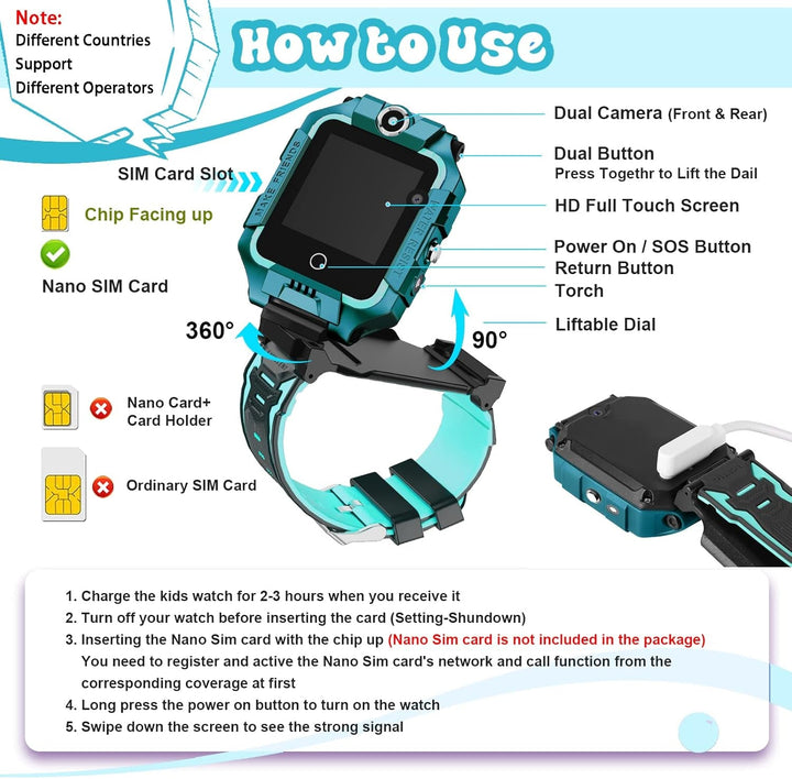 LiveGo Kids Smartwatch 4G, rezistent la apă și sigur Smartwatch Phone cu 360° Rotatable, GPS Tracker, Apel SOS Camera WiFi, 3-12 ani Elevii cadou de ziua de naștere (T10 Cyan01)