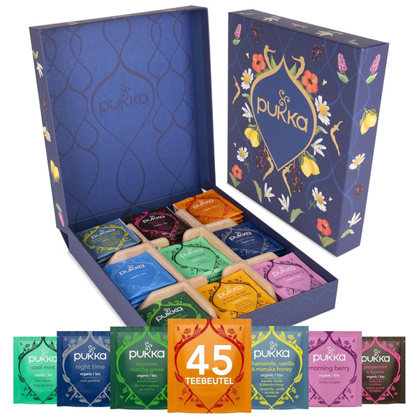 Set cadou ceai Pukka, ceai din plante bio, cutie de ceai, set de ceai durabil, ideal pentru orice ocazie, idee de cadou, 9 variante, 45 pliculețe de ceai