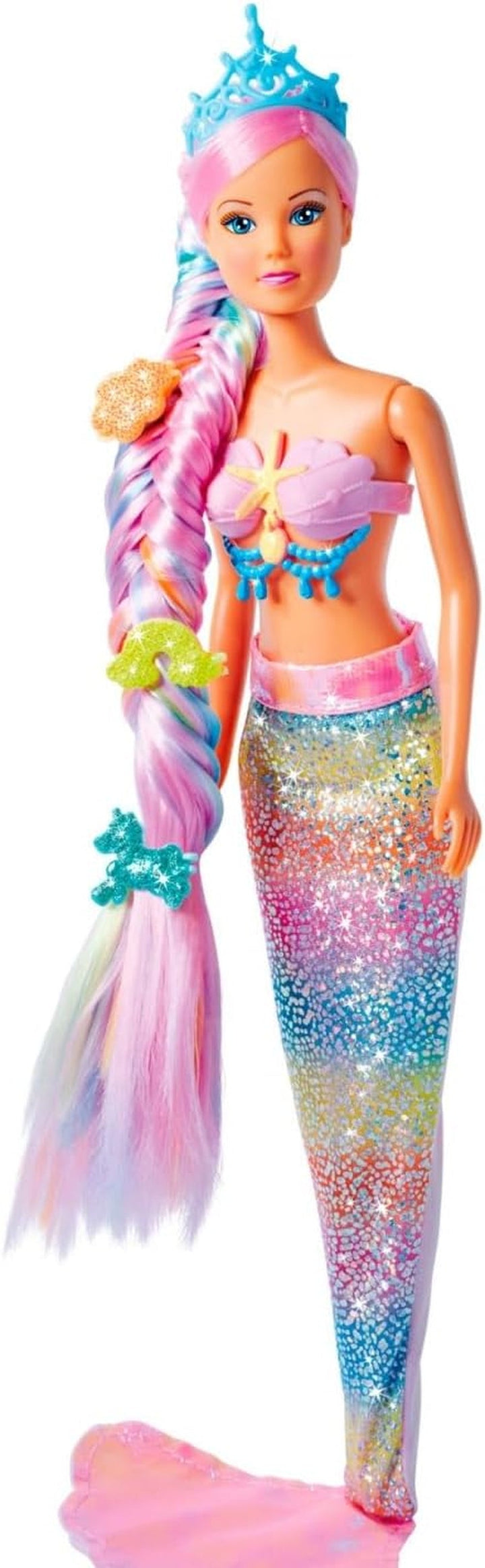 Simba 105733610 - Steffi Love Rainbow Mermaid, păpușă de îmbrăcat ca o sirenă curcubeu cu păr colorat, agrafe de păr, pieptene și aripioară detașabilă, păpușă de joacă 29cm, vârsta 3+