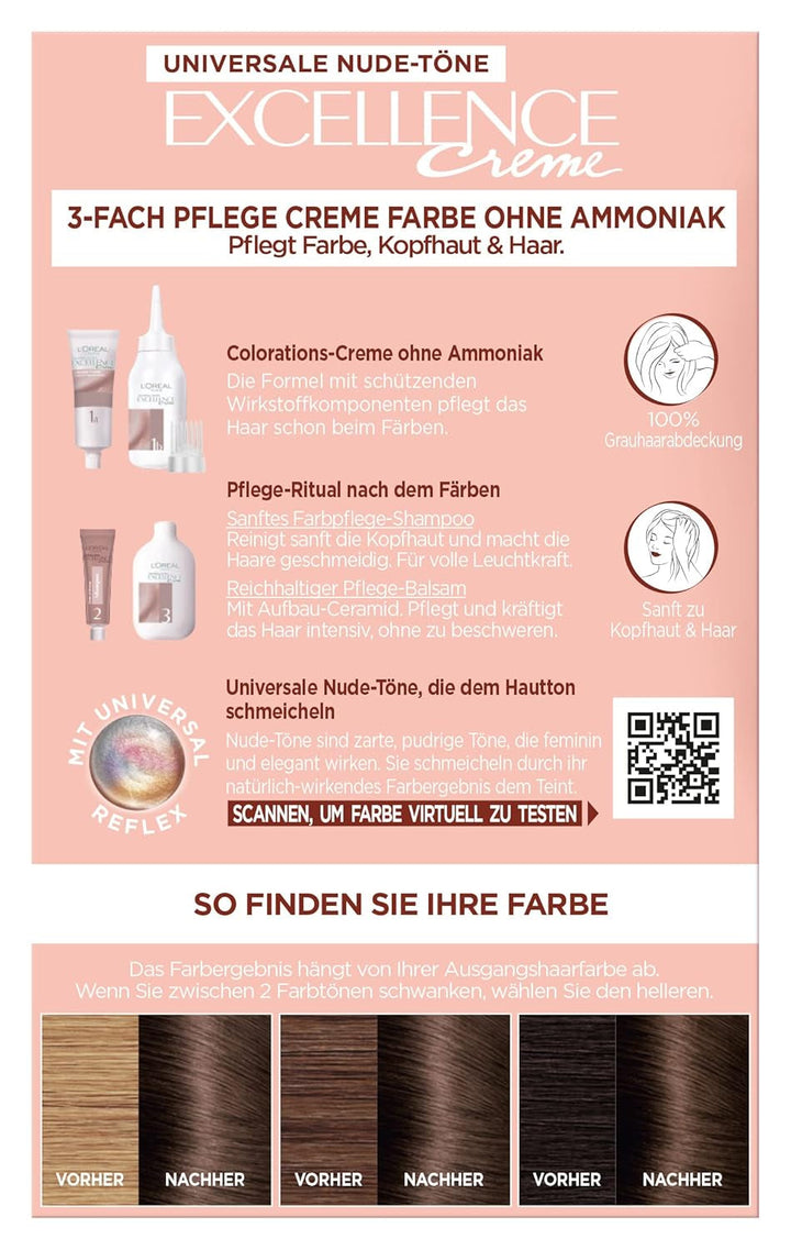 L'Oréal Paris Vopsea de păr permanentă pentru fiecare ton de piele, colorare fără amoniac, tonuri nude universale cu acoperire completă a părului gri, Excellence Creme, nr. 5U Castaniu deschis (maro), 1 buc Vopsea pentru par Naty Shop