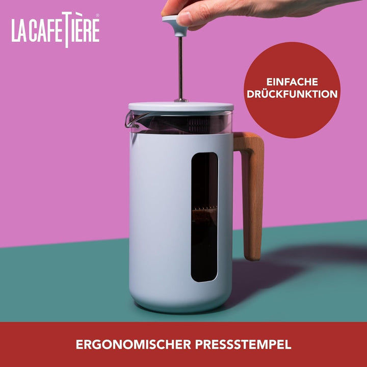 Cafetieră La Cafetière Pisa pentru 8 căni, albastru deschis, piston durabil din oțel inoxidabil, presă franceză rezistentă la căldură cu mâner elegant din lemn natural, versatilă pentru cafea și ceai, 1 l