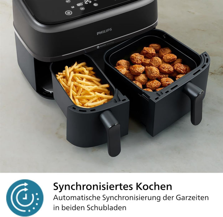 Philips Airfryer Dual Basket 3000 Series, 9L, 2 Körbe, 2 Gerichte Gleichzeitig Fertig, Rapidair plus Heißlufttechnologie, 90% Weniger Fett, Energieeffizient, Homeid Rezepte-App (NA350/00)