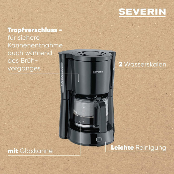 SEVERIN Cafetiera "Tip" cu ulcior de sticlă, cafea aromată, preparată rapid și silențios cu cafetiera pentru până la 10 cești, filtru de cafea, negru, KA 4815