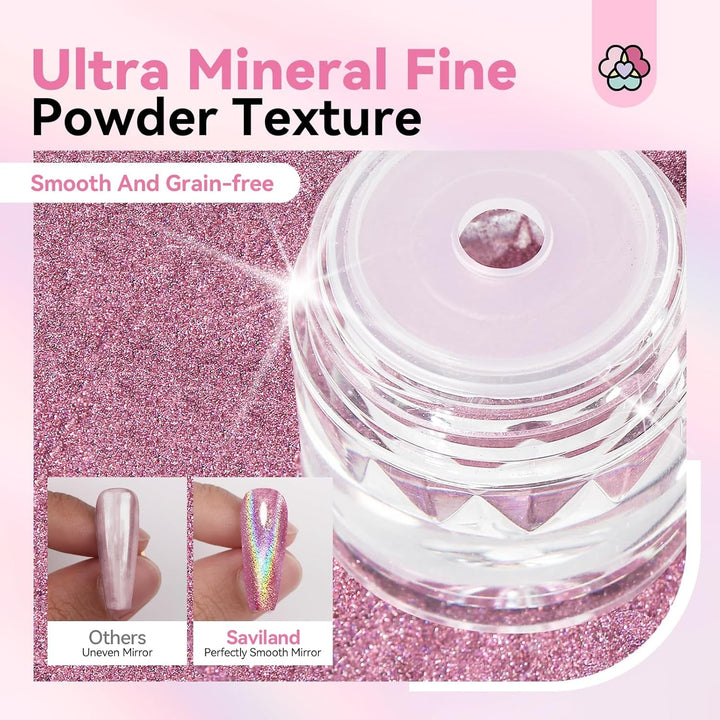 Set pudră unghii Saviland Chrome – Pudră unghii Chrome Laser roz efect oglindă Nail Art cu laser, sclipici pentru unghii manichiură pudră decorativă cu bețișoare de burete, pudră sclipici pentru unghii salon de unghii