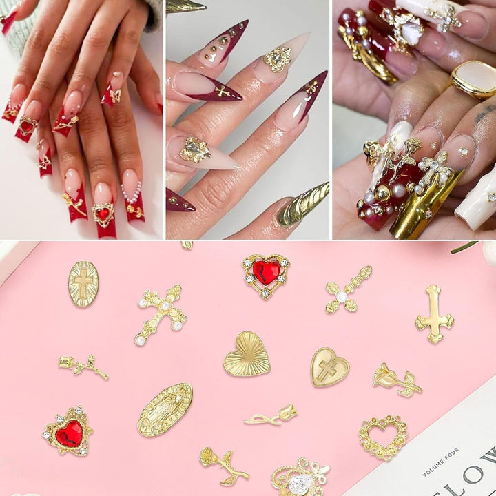 Talisane aurii pentru unghii, 80 de piese cu cruce, trandafir, inimă, pietre prețioase pentru unghii Fecioara Maria, accesorii pentru unghii din aliaj metalic pentru decorațiuni de design pentru manichiură, meșteșuguri DIY