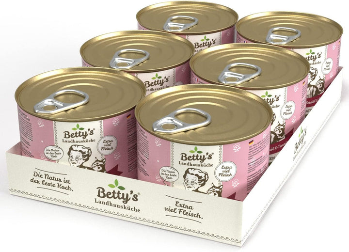 Betty'S Landhausküche cutie de hrană umedă pentru pisici, Fără cereale, Cea mai bună calitate, Carne de înaltă calitate, Gently cooked, Potrivit pentru toate rasele de pisici, Pui și fazan cu ulei de borangic 6 X 200 G
