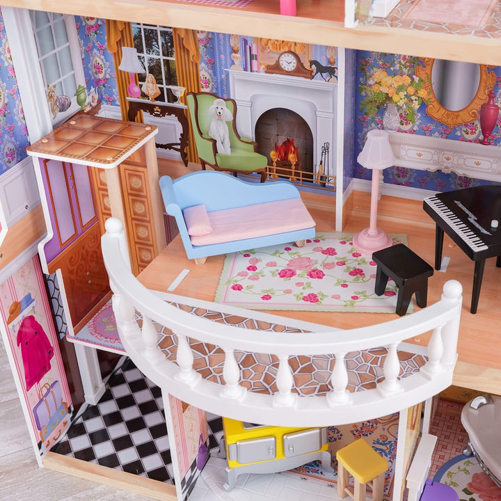 Casa de păpuși Kidkraft Magnolia Mansion din lemn cu mobilier și accesorii, set de joacă cu balcon și lift pentru păpuși de 30 cm, jucărie pentru copii de la 3 ani, 65907