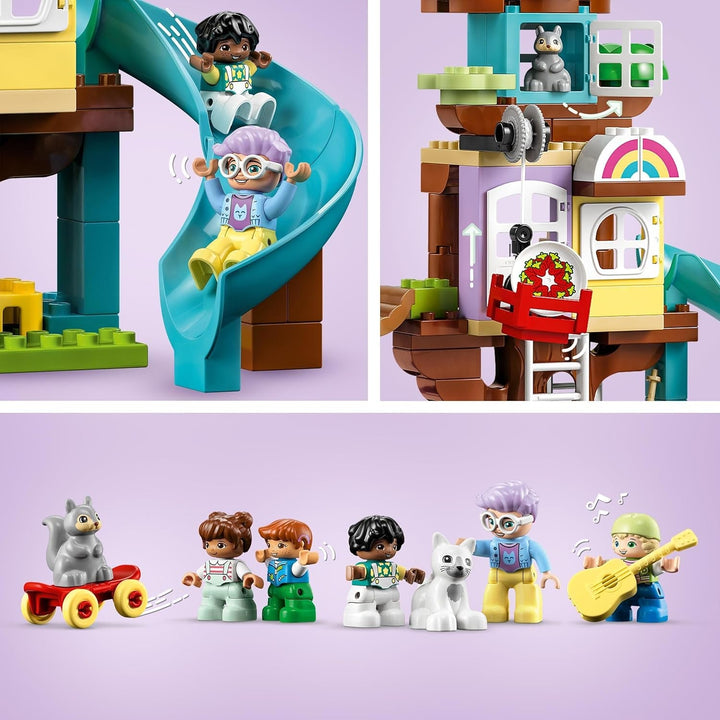 LEGO 10993 DUPLO 3-In-1 Tree House Jucărie pentru copii mici de la 3 ani, fete și băieți cu 4 figuri, animale, jucărie de construcție cu blocuri de construcție și un tobogan, jucărie educativă