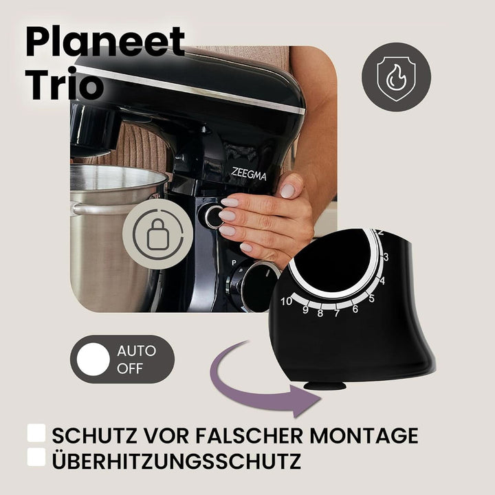 ZEEGMA PLANEET TRIO Planetenroboter, 1500 W, Multifunktionale Küchenmaschine Mit 3 Schüsseln 4 L, 4,5 L Und 5,2 L, 10 Betriebsgeschwindigkeiten, Mixer Mit Haken, Schneebesen (Schwarz)