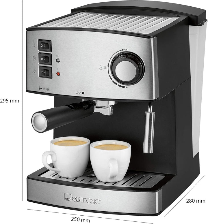 Espressor Clatronic® | Espressor mic de cafea | Presiune pompă 15 bari | Rezervor de apă transparent de 1,6 litri (detașabil) | 2 duze din oțel inoxidabil cu funcții de spumare și apă caldă | 850 wați | ES 3643