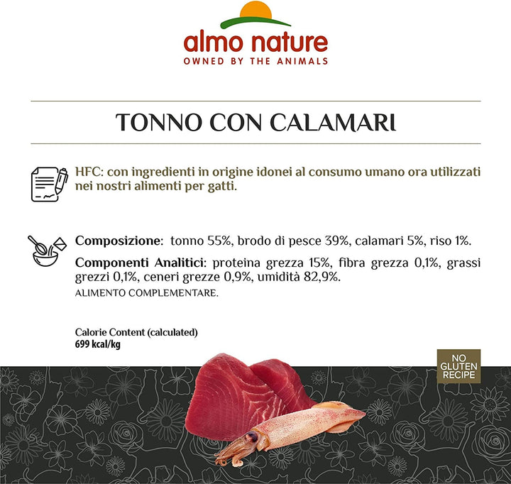 Almo Nature HFC Jelly - hrană umedă pentru pisici adulte - ton și calamar - de calitate umană, fără gluten - 6 X 70G