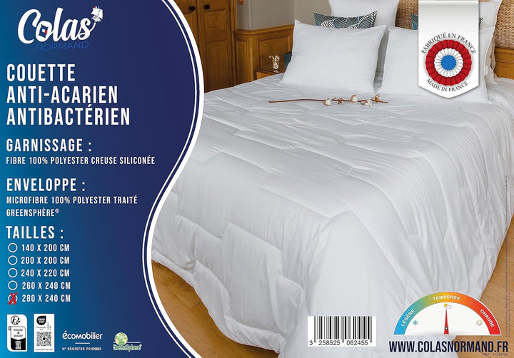 COLAS NORMAND - Plapumă împotriva acarienilor și bacteriilor - Temperată - 280 X 240 Cm - Efect de lungă durată - Igienă perfectă - Microfibre - Moale și confortabile - Lavabilă Plapumi si pilote Naty Shop
