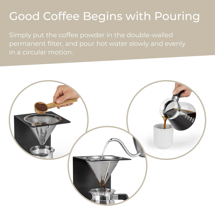 Set cafetieră BEEM Pour Over - 4 cești | Filtru permanent din oțel inoxidabil (mărimea 2), carafă din sticlă de 0,5 l, bază din beton | Preparare manuală a cafelei pentru o aromă deosebit de delicată de cafea