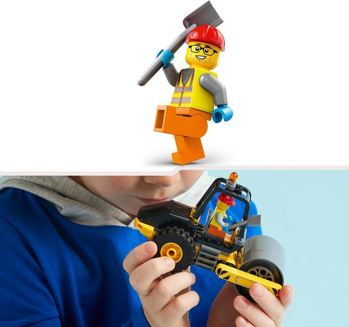LEGO City Road Roller, vehicul de șantier pentru copii de la 5 ani, jucărie cu role cu aburi cu minifigurină de muncitor în construcții, experiență de joacă imaginativă pentru băieți și fete, mic, cadou distractiv 60401