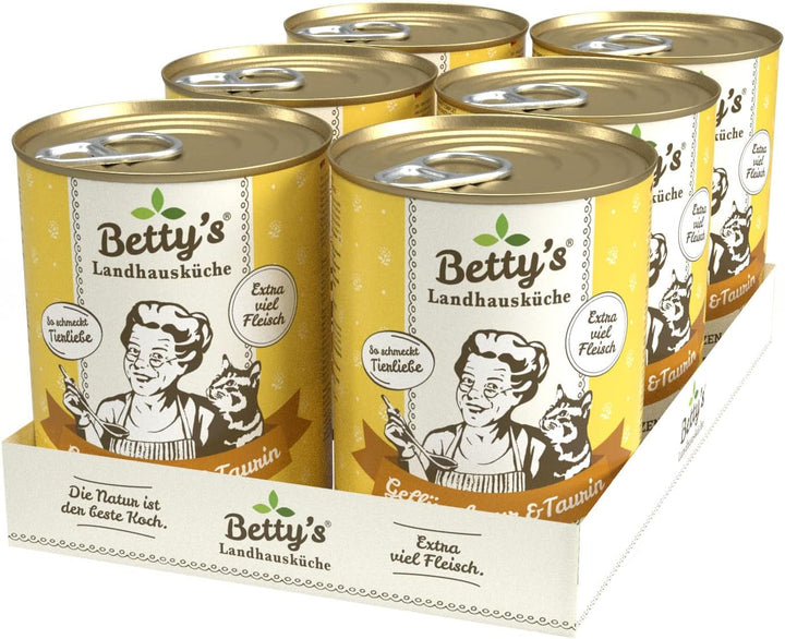 Betty'S Landhausküche cutie de hrană umedă pentru pisici, Fără cereale, Cea mai bună calitate, Carne de înaltă calitate, Gently cooked, Potrivit pentru toate rasele de pisici, Pui și fazan cu ulei de borangic 6 X 200 G