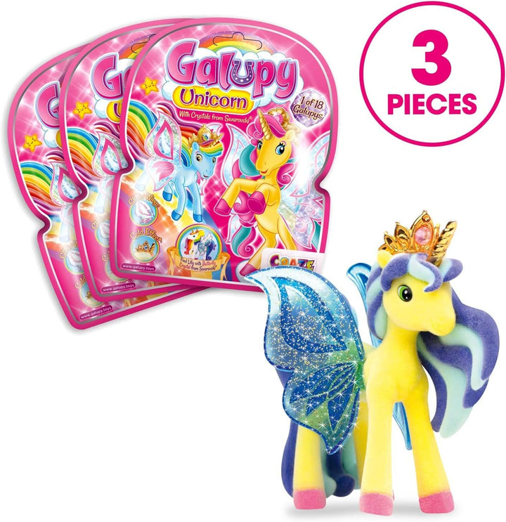 Galupy Unicorn - Pachet de 3 figurine unicorn, jucării unicorn de colecționat, figurine ponei cu aripi strălucitoare și cristal Swarovski