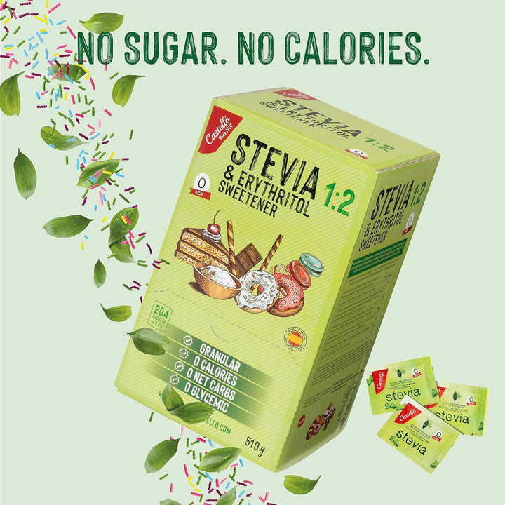 Stevia + Erythrit 1:2 Süßstoff | 204 Beutel Mit 2,5 G | 100% Natürlicher Zuckerersatz - 0 Kalorien - 0 Glykämischer Index - Keto Und Paleo - 0 Kohlenhydrate - Kein GVO - Castello since 1907-510 G