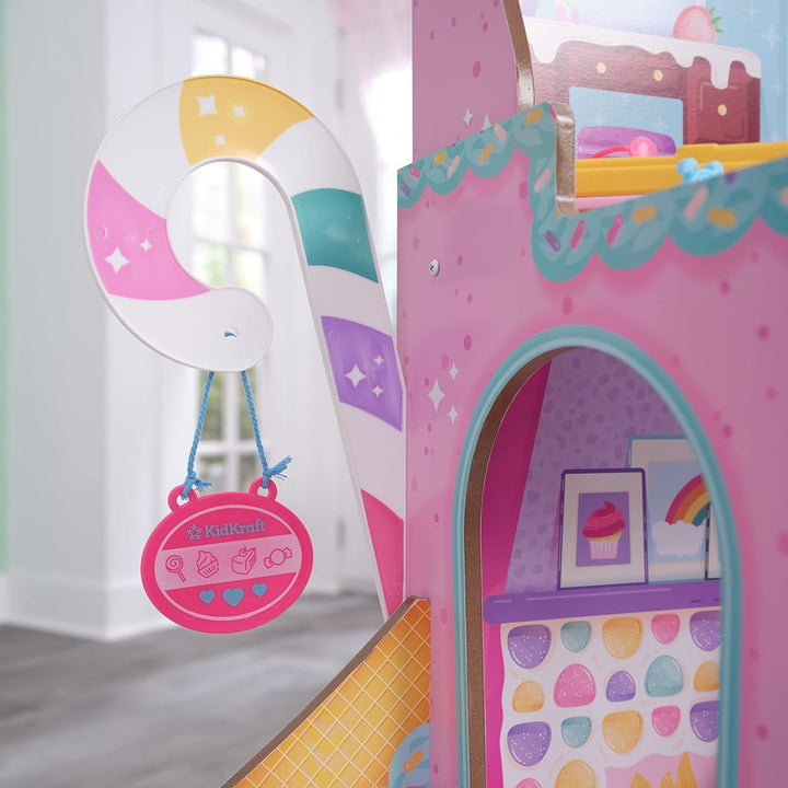 Casă de păpuși din lemn Kidkraft Candy Castle cu mobilier și accesorii, casă cu figurină Llama Unicorn, lift pentru tort de înghețată și scaun de cauciuc pentru păpuși, jucărie pentru copii de la 3 ani, 20242