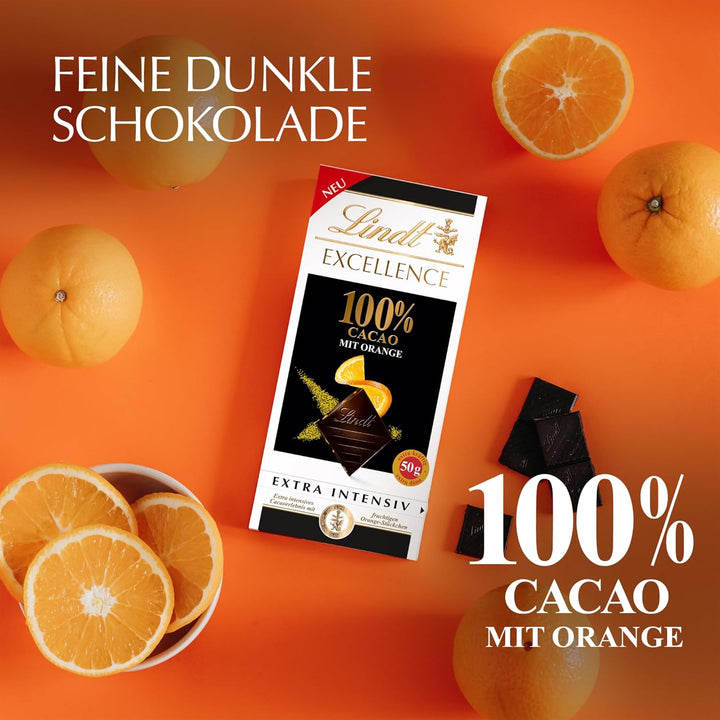 Lindt EXCELLENCE 100 % Kakao & Orange | 50 G Tafel | Extra Dunkle Schokolade Mit 100 % Kakaoanteil & Fruchtigen Orangenstückchen | Vegane Schokoladentafel