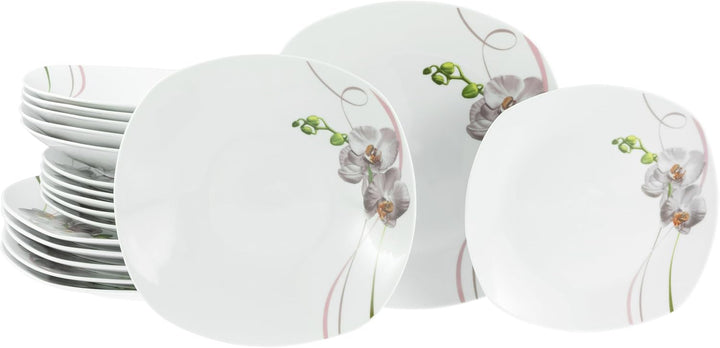 Creatable, 22536, Serie Square Orchidee, 62-Teiliges Geschirrset Für 6 Personen, Kombiservice Aus Porzellan, Spülmaschinen- Und Mikrowellengeeignet, Qualitätsproduktion