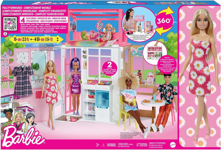 Casă de păpuși Barbie (70.6 X 51.4 Cm) cu 4 zone de joacă, accesorii și mobilier complet mobilate, rotativă 360°, pliabilă, păpușă, cadou pentru copii de la 3 ani, HHY40