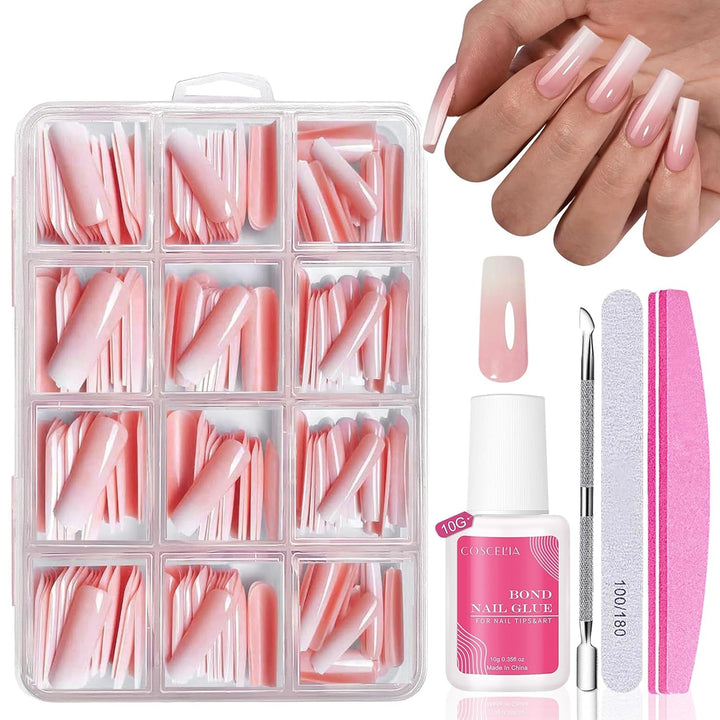 Set de unghii false - 240 de bucăți, unghii false franțuzești, pentru lipit - Design gradient alb roz, unghii artificiale, acoperire completă, gel moale, naturale și confortabile la purtare (migdală roz)