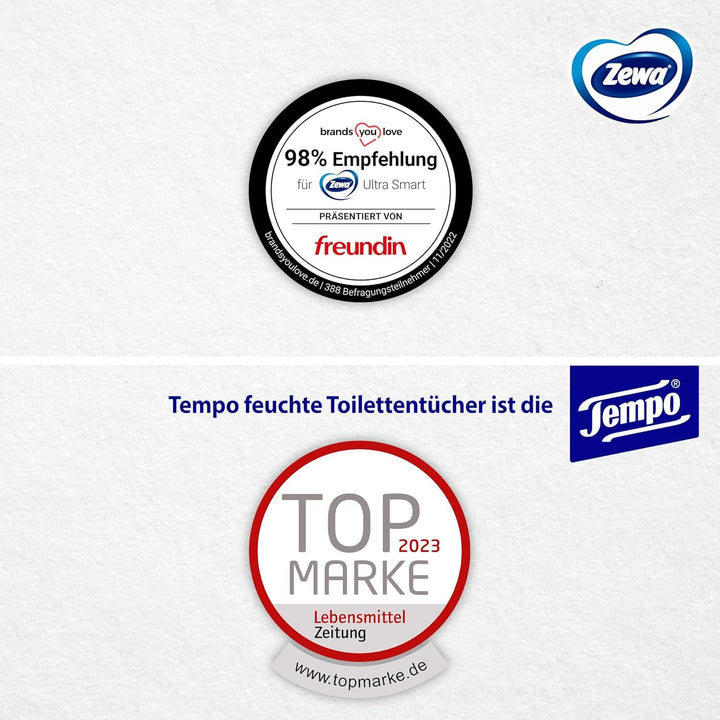 Pachet vrac de hârtie igienică Zewa Ultra Smart, 36 de role a 280 de coli fiecare, rolă gigant, 4 straturi+ hârtie igienică Tempo, umedă, moale-sensibilă, pachet trio (18 pachete X 42 coli fiecare), pachet vrac