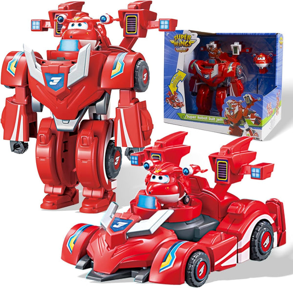 Super Wings EU770351 - Super Robot Suit Jett, aprox. 18 cm înălțime figurină de joacă transformabilă, costum de robot 2 în 1 și super mașină, pentru copii de la 3 ani în sus, Roșu