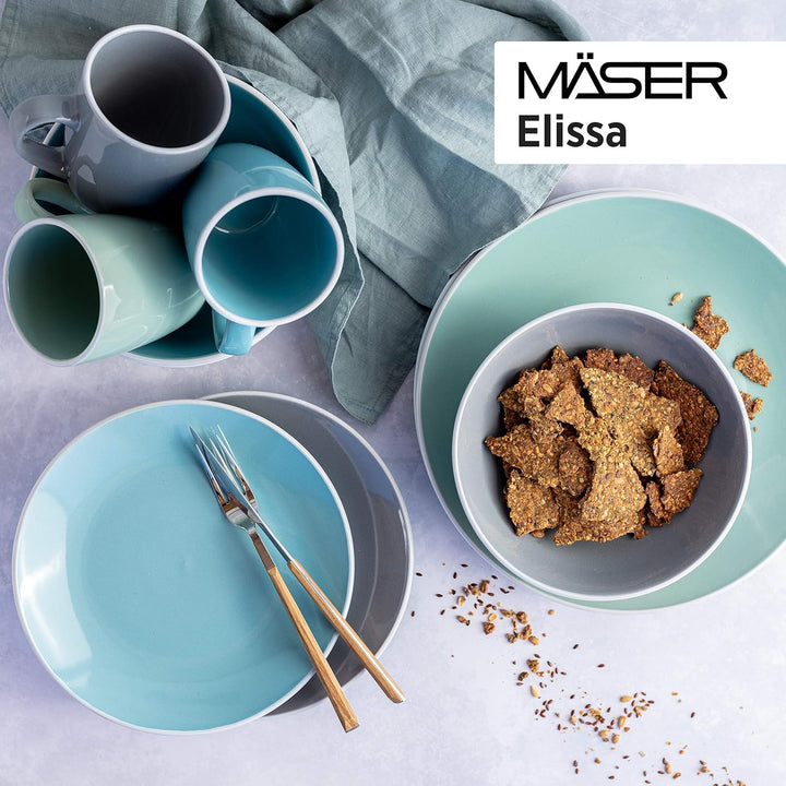 MÄSER 931770 Serie Elissa Modernes Geschirr Set Für 6 Personen in Türkis Mit Weißem Rand, 24-Teiliges Kombiservice, Steinzeug