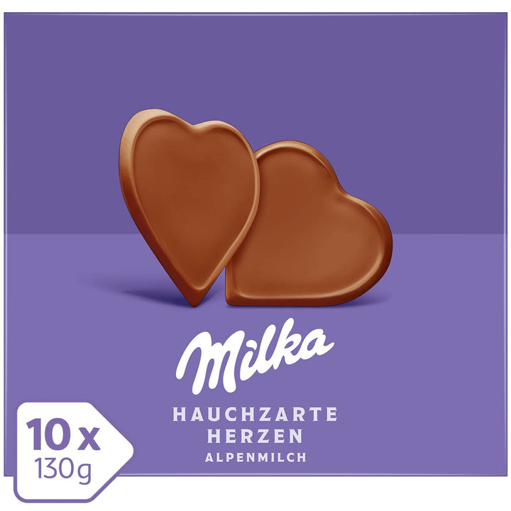 Milka Hauchzarte Herzen 10 X 130G, Zartschmelzende Milka Alpenmilch Schokolade Als Herzförmige Täfelchen