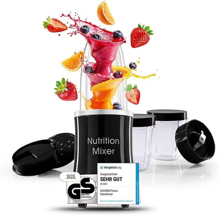 Gourmetmaxx Mr. Magic Mixer | Smoothie Maker Mit Xxl-Zubehörpaket | Standmixer 18-Tlg. | Blender Mit Auslaufsicheren Frischhaltedeckeln | Food Processor Für Shakes, Smoothies Etc.