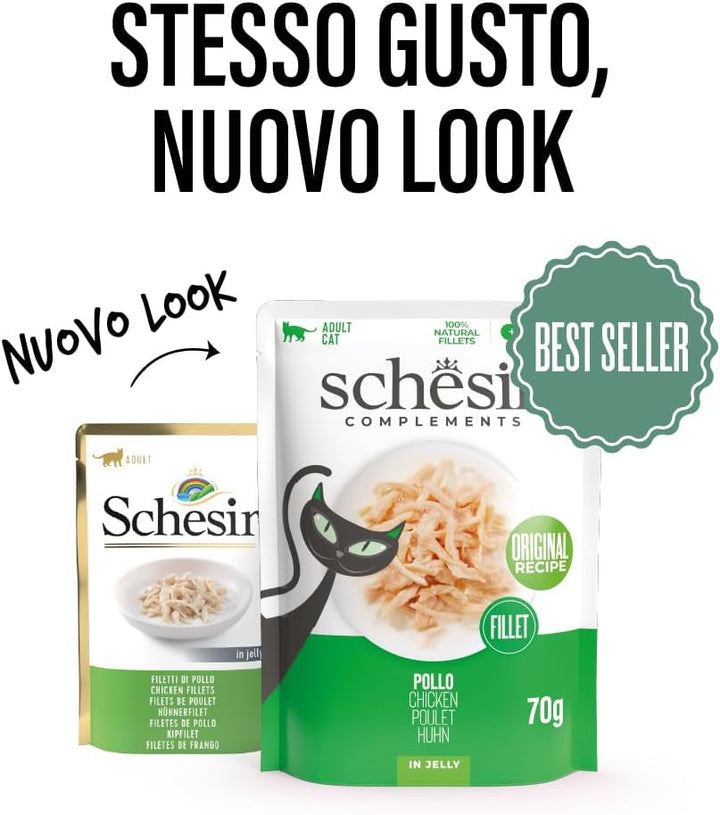 File de pui în jeleu, Hrană umedă complementară pentru pisici, Rețetă originală, 100% naturală, 12 pungi a câte 70 g