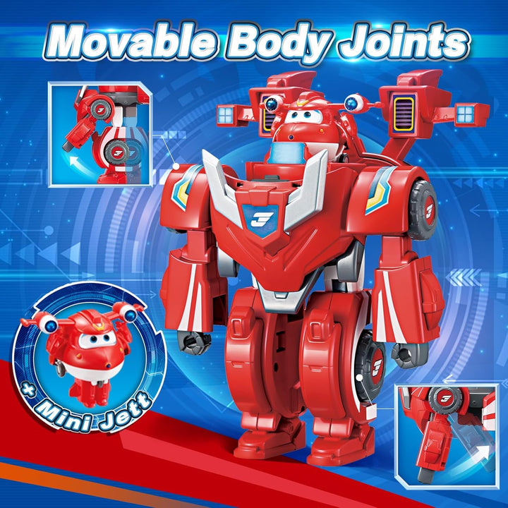 Super Wings EU770351 - Super Robot Suit Jett, aprox. 18 cm înălțime figurină de joacă transformabilă, costum de robot 2 în 1 și super mașină, pentru copii de la 3 ani în sus, Roșu