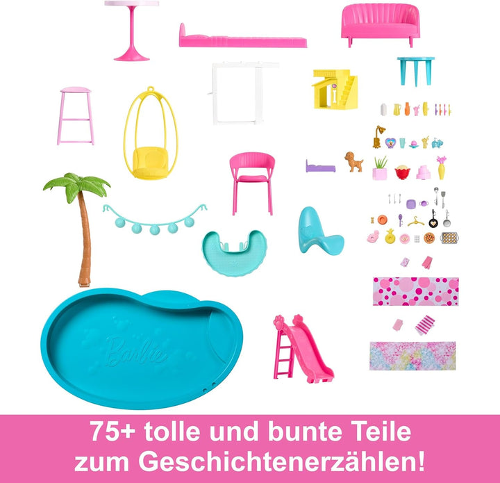 Barbie Dream Villa, casă Barbie cu 3 etaje cu 10 zone de joacă, inclusiv piscină, tobogan, lift, 75 de accesorii pentru păpuși, cățeluș de jucărie, jucărie pentru copii cu vârsta de peste 3 ani, HMX10