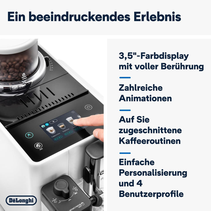 De'Longhi Rivelia EXAM440.55.W Aparat de cafea complet automat Cu sistem de lapte Lattecrema, container de boabe interschimbabil, 16 băuturi de cafea și lapte la apăsarea unui buton, funcție extra shot, ecran tactil de 3,5", alb
