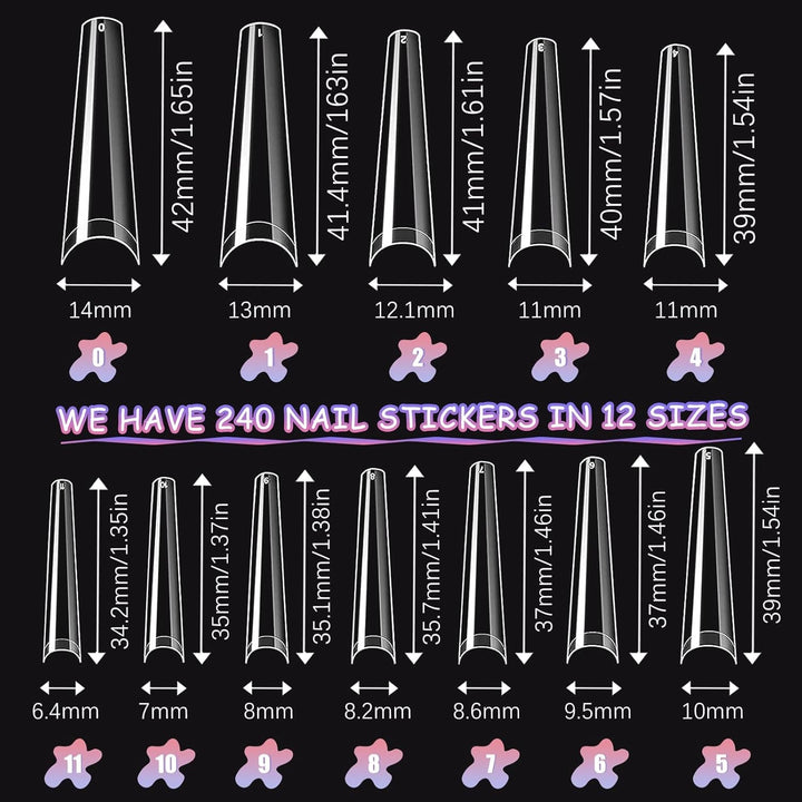 Unghii artificiale extra lungi și transparente, 240 bucăți unghii false, acoperire pe jumătate, unghii artificiale pătrate și drepte, extensii de unghii franceze pentru saloane de unghii și artă pentru unghii DIY