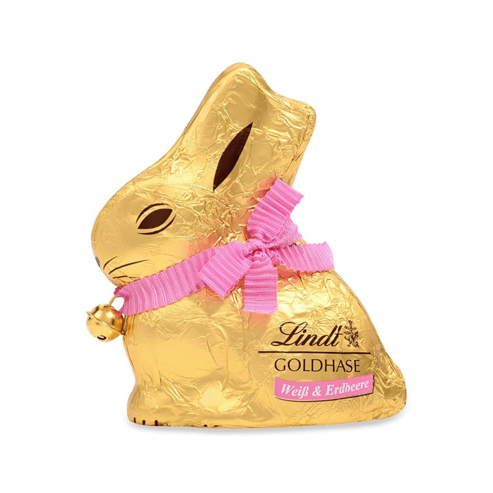 Lindt Schokolade GOLDHASE | 100 G GOLDHASE | Weiße Premium Schokolade Mit Erdbeerstückchen in Hasenform Zu Ostern | Osterschokolade | Schokoladengeschenk | Schokoladenhase | Osterhase