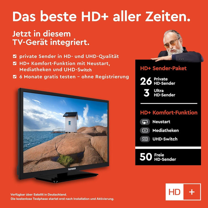 TELEFUNKEN XH24SN550MVD 24 Zoll Fernseher/Smart TV (HD Ready, HDR, Triple-Tuner, 12 Volt, Dvd-Player) - 6 Monate HD+ Inklusive [2023], Schwarz
