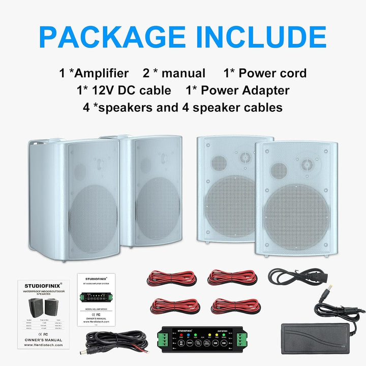 STUDIOFINIX 800W 6.5 Zoll Outdoor Bluetooth Lautsprecher Wasserdicht Verdrahtet Mit Multifunktionsverstärker Wandmontage Wetterfestes Lautsprecher-System Für Patio Garten Home(4 Lautsprecher, Weiß)