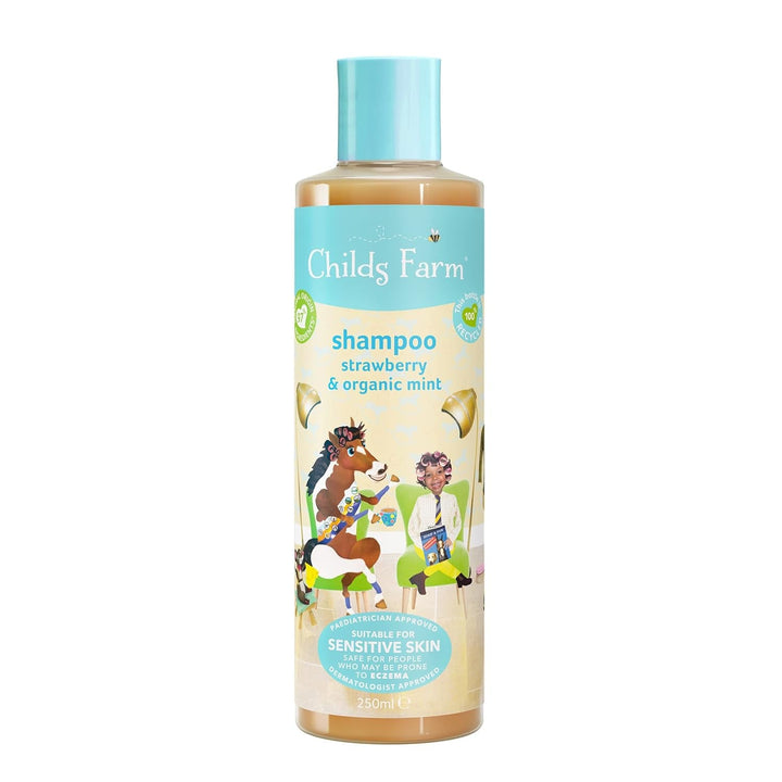 Șampon pentru copii Childs Farm 250 ml | Căpșuni și mentă organică | Toate tipurile de păr | Demontează și hrănește | Potrivit pentru pielea uscată, sensibilă și predispusă la neurodermatită