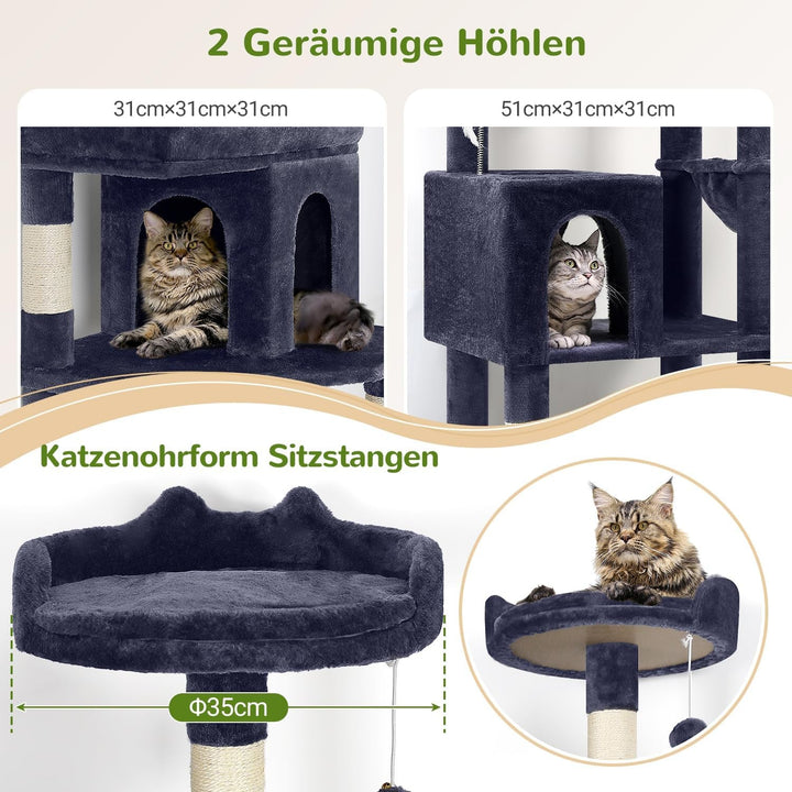 Ansamblu de pisici pentru Maine Coon, ansamblu de 183 cm înălțime, cu căsuță mare, platforme, stinghii, coș, pat pentru pisici, grajd, ansamble pentru pisici adulte de talie mare, peste 5 kg (S72, gri fumuriu)