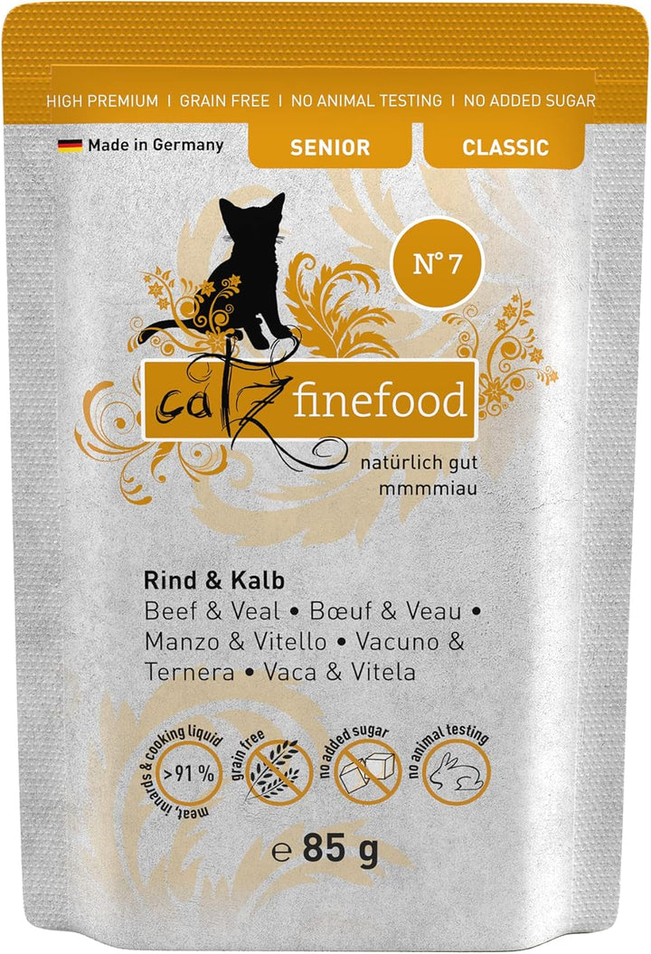 Hrană umedă pentru pisici Catz Finefood Senior Collection - Hrană umedă premium pentru pisica dumneavoastră senior - fără cereale, fără zahăr, conținut ridicat de carne, vitamine și minerale (cutie 6 X 200G)