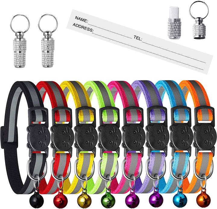 Zgărzi de siguranță pentru pisici cu eliberare rapidă, zgărzi reflectorizante pentru pisoi cu clopoței, reglabile de la 19,1 cm la 31,4 cm (8 culori și 2 pachete de etichete anti-pierdere)