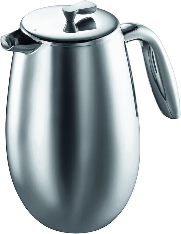Presă franceză cu pereți dubli Bodum Columbia - 1L / 8 căni - Oțel inoxidabil lucios - Cafetieră lavabilă în mașina de spălat vase