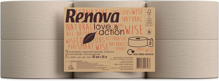 Hârtie igienică Renova Jumbo Love&Action, 12 role premium, 90 M, hârtie kraft, 2 straturi, certificată FSC & Ecolabel