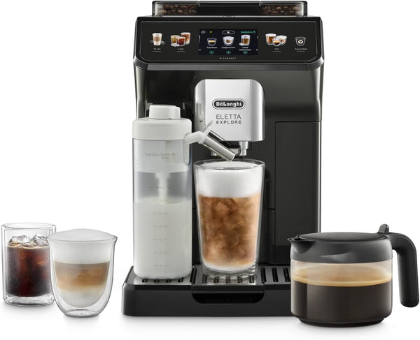 De'Longhi Eletta Explore Cold Brew ECAM452.67.G Espressor complet automat cu sistem Latte Crema Milk, băuturi calde și reci prin simpla apăsare a unui buton, ecran tactil color TFT de 3,5 inci, include cafetieră, gri închis