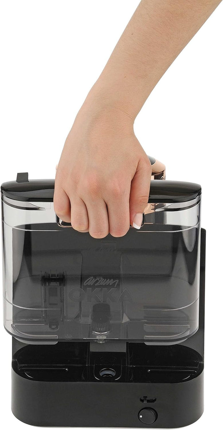 Espressor turcesc Arzum Okka, complet automat, 3 dimensiuni de cești, funcție de autocurățare, rezervor de apă de 950 ml, senzor de supraprotecție, design compact, negru-auriu