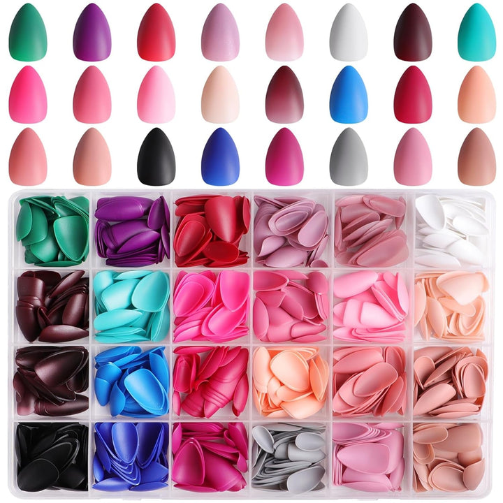 576 buc unghii migdale pentru lipire pe unghii scurte, colorate cu sclipici, set de unghii artificiale lucioase, unghii false cu pilă de unghii, unghii ovale, unghii artificiale pentru femei